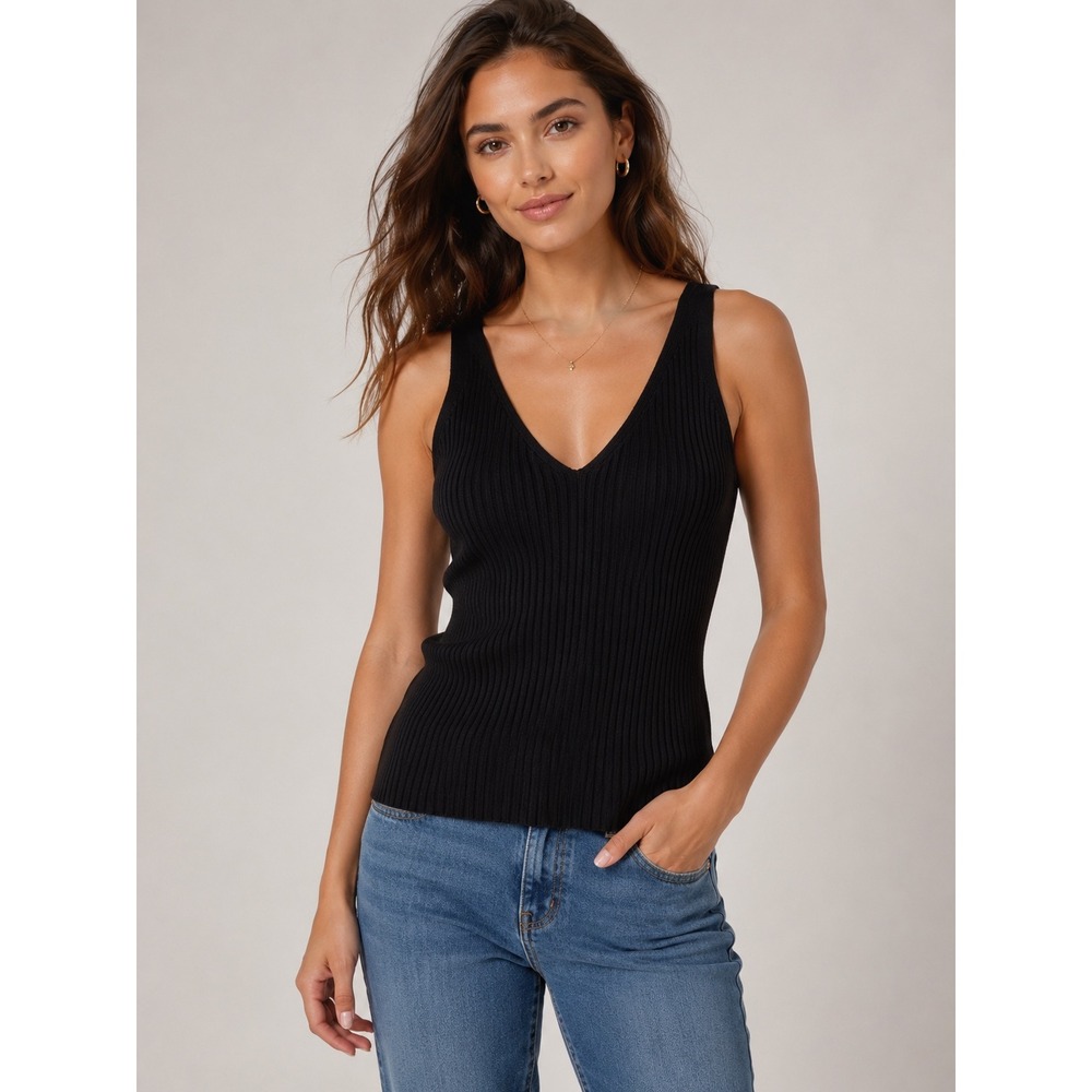 Maje Ribbed Tank Top Women 1 Black V-Neck Slim‎ Fit Minimalist Chic